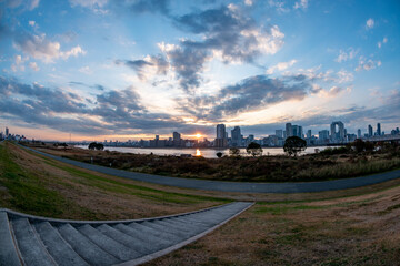 View of the Umeda city and Yodogawa river during sunrise