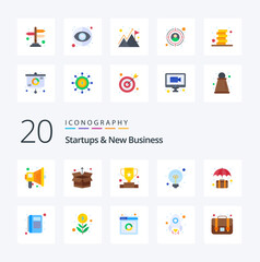 20 Startups And New Business Flat Color icon Pack. like office. case. winner. briefcase. light