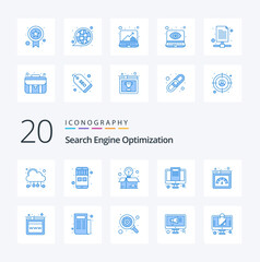 20 Seo Blue Color icon Pack like page fast package seo marketing