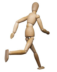 Jointed wooden figure posed as if running away from the viewer