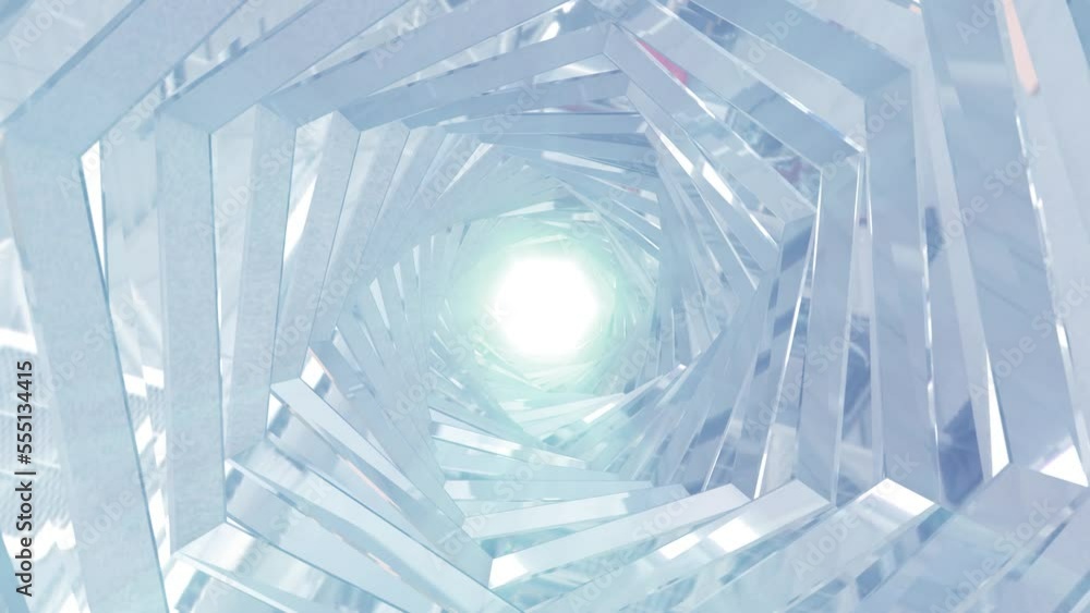 Poster a rotating silver metallic chrome shiny tunnel with walls of ribs and lines in the form of a hexagon
