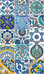 Set of old handmade ceramic tiles with flowers pattern.