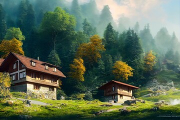 Digital Photo. Houses in the valleys of the Swiss waterfall mountains, A dreamy Swiss country semi wooden house made of stone