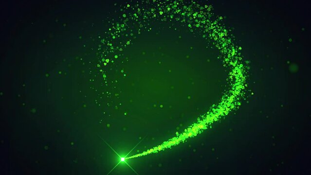Abstract Green Shine Particles Trails Three Leaf Clovers And Optical Flare Light Flying On Dark Green Glitter Dust And Black, Background Separated, Seamless Loop