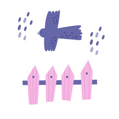 Happy Easter card. Religion spring holiday. Cute card with flying bird.Vector cute flat pink and purple illustration with pastel colors