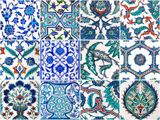 Set of ancient traditional handmade tiles with flowers pattern.