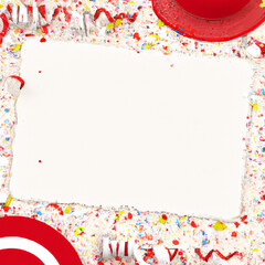 Obraz premium Carnival party background with party hats, confetti and ribbons with large copy space area in the center. Red and white colors generative ai illustration