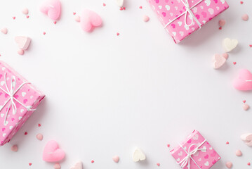 Valentine's Day concept. Top view photo of pink gift boxes heart shaped marshmallow candles and sprinkles on isolated white background with copyspace in the middle