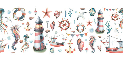 Fototapeta na wymiar Marine underwater animals, a lighthouse and a boat. Watercolor illustration on a white background. Horizontal, seamless border, banner from the SYMPHONY OF THE SEA collection. For the design