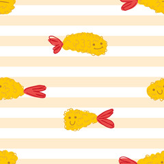 Ebi furai prawn tempura funny characters seamless pattern. Perfect print for tee, paper, textile and fabric. Hand drawn vector background for decor and design.