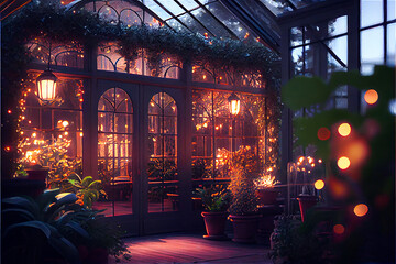 beautiful vintage conservatory with fairy lights in a festive luxury atmosphere - obrazy, fototapety, plakaty