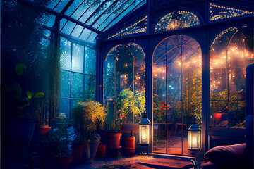 beautiful vintage conservatory with fairy lights in a festive luxury atmosphere