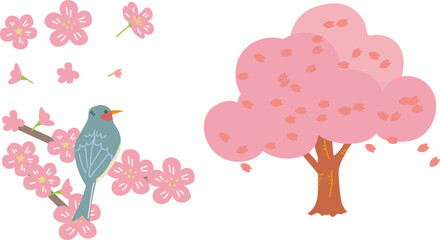 サクラの木とヒヨドリの止まった桜の枝　セット　イラスト素材
 - obrazy, fototapety, plakaty
