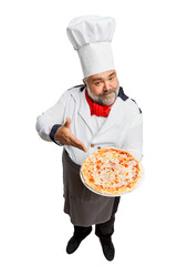 Portrait of bearded man, restaurant chef in uniform serving delicious pizza isolated on white background