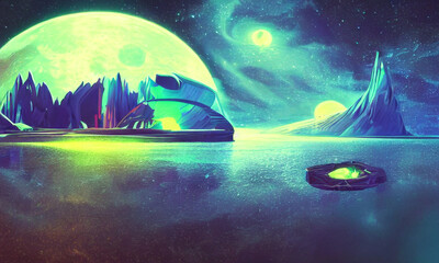 fantasy landscape with moon and stars, space alien planet