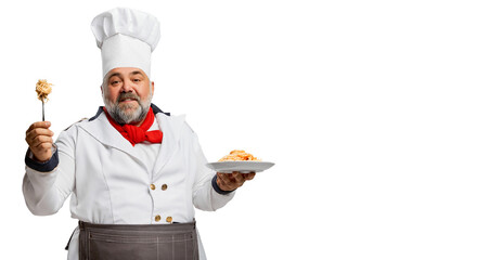 Portrait of bearded man, restaurant chef in uniform posing with delicious Italian pasta isolated on...