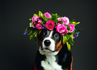 a dog with a flower crown on its head  - AI Generated