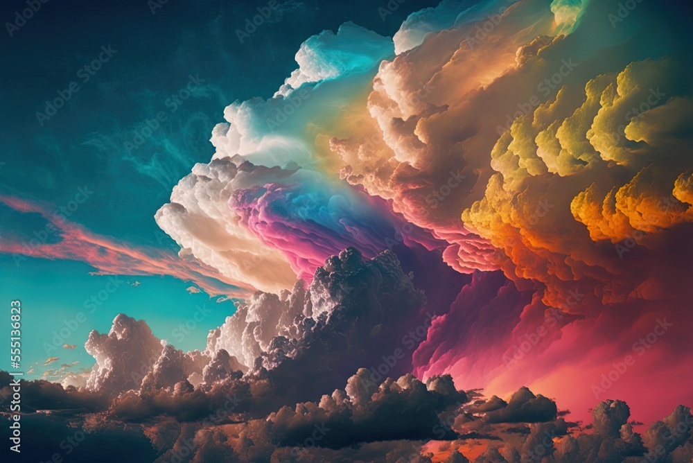 Poster sky filled with colorful clouds and a rainbow. generative ai