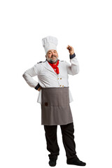 Portrait of bearded man, restaurant chef in uniform isolated on white background. Delicious, yummy. Professional cook