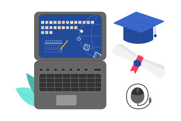 Grey laptopscreen text, attributes of good learning for international education day design