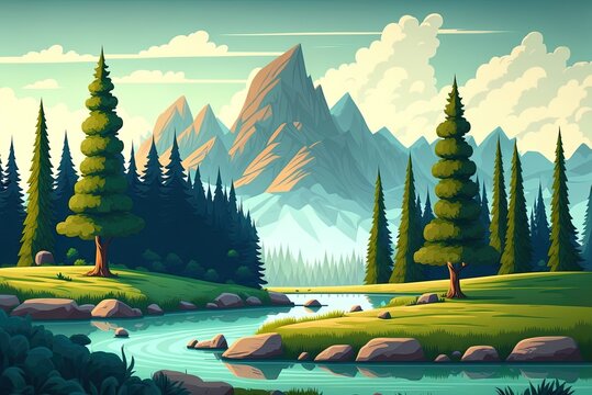 Stunning Mountain Scenery, 2D Nature Parallax Backdrop. Spruce Trees, A Green Field, A Pond, And A Hazy Blue Sky. Cartoon Landscape Artwork For Video Game Level With Editable Layers. Generative AI