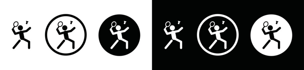 Badminton icon vector. Badminton sport icon. Simple person hitting or smashing a shuttlecock sign in black and white circle for sports app and websites, symbol illustration