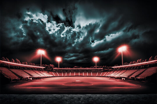 Empty Football Field With Flashlights And Dark Night, Digital Illustration Painting Artwork