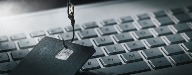 credit card phishing, online financial crime and data steal concept. banner with copy space