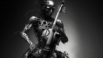 cyber skeleton play cello isolated on black background,cyborg make music, generative ai
