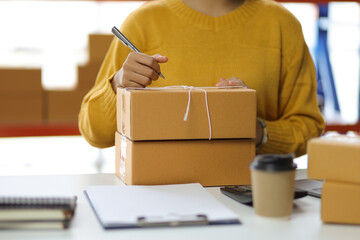 Woman startup small business entrepreneur works with cardboard boxes in a warehouse. Ecommerce...