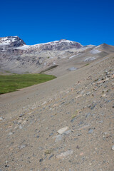 View of the landscape at Paso Vergara / Paso del Planchón in Argentina while climbing up to the complex of the three volcanos Azufre, Peteroa and Planchón 