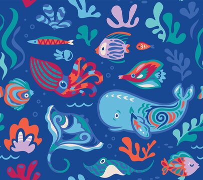 Seamless pattern with cute underwater life in ethnic style © penguin_house