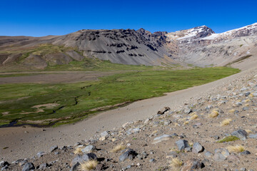 View of the landscape at Paso Vergara / Paso del Planchón in Argentina while climbing up to the complex of the three volcanos Azufre, Peteroa and Planchón 