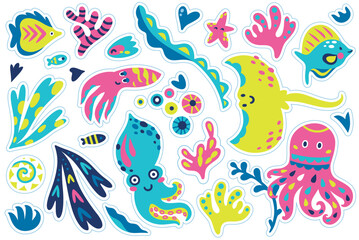 Bright sticker set with flat sea animals in childish style
