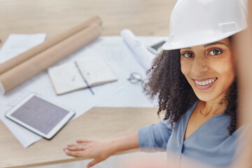 Engineering, architecture or happy black woman taking a selfie after drawing a floor plan in office...