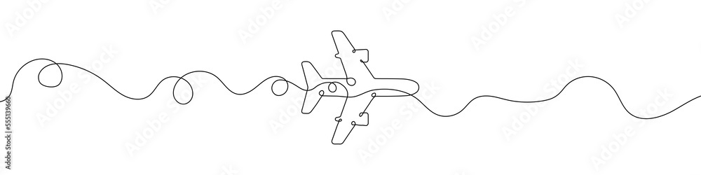 Poster continuous line drawing of airplane icon. aircraft linear icon. one line drawing background. vector 