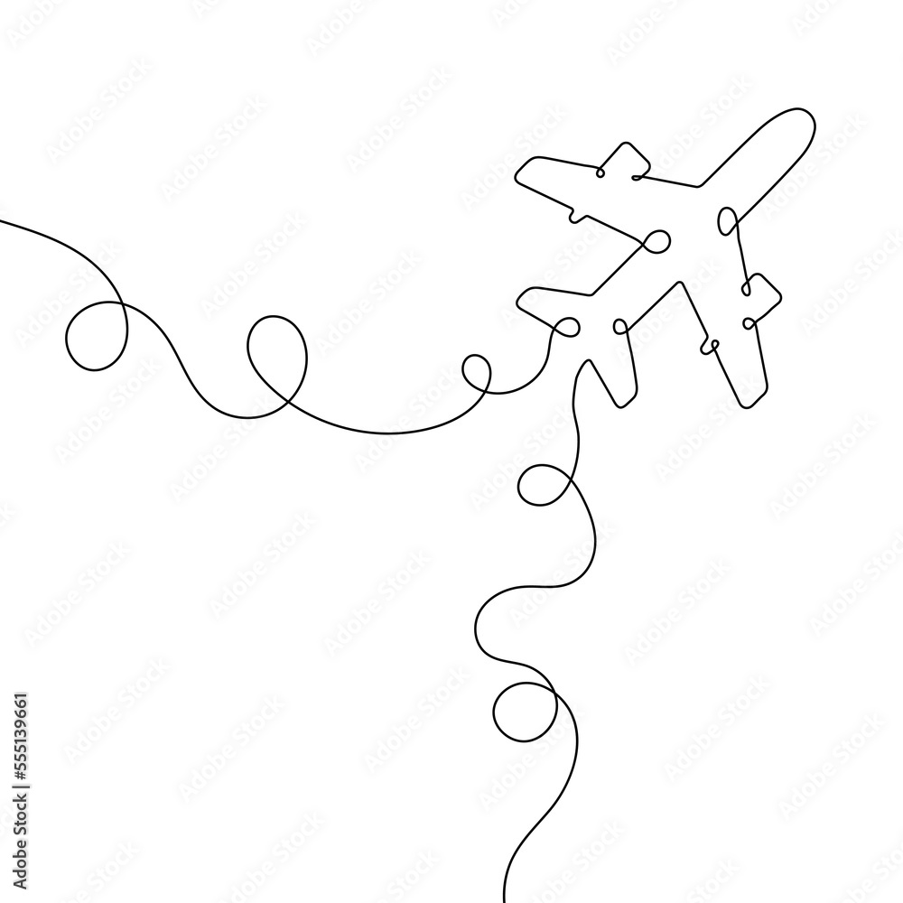 Poster continuous line drawing of airplane icon. aircraft linear icon. one line drawing background. vector 