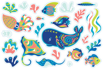 Sticker set of hand drawn sea animals in decorative ethnic style