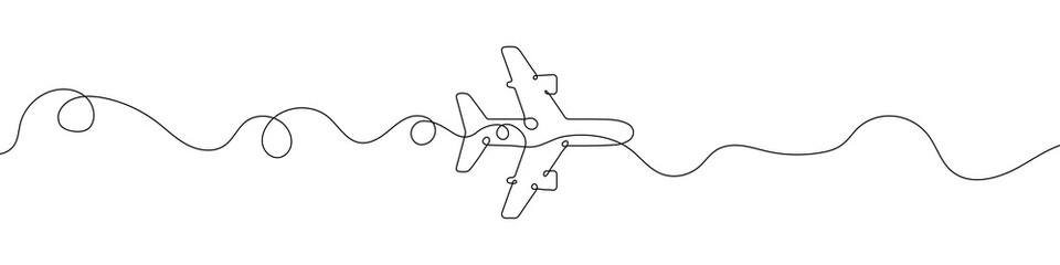 Continuous line drawing of airplane icon. Aircraft linear icon. One line drawing background. Vector illustration. Airplane continuous line icon