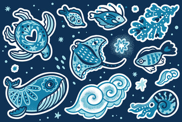 Sticker set of ten blue sea animals in hand drawn style