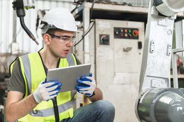 Caucasian technician engineer man use tablet computer control with checking machine arm robot at...