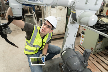 Caucasian technician engineer man use tablet computer control with checking machine arm robot at factory	