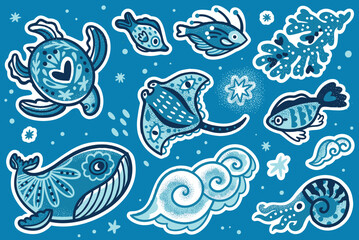Sticker set of ten blue sea animals in hand drawn style