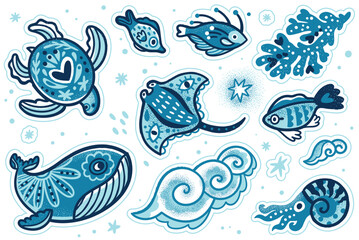 Obraz premium Sticker set of ten blue sea animals in hand drawn style