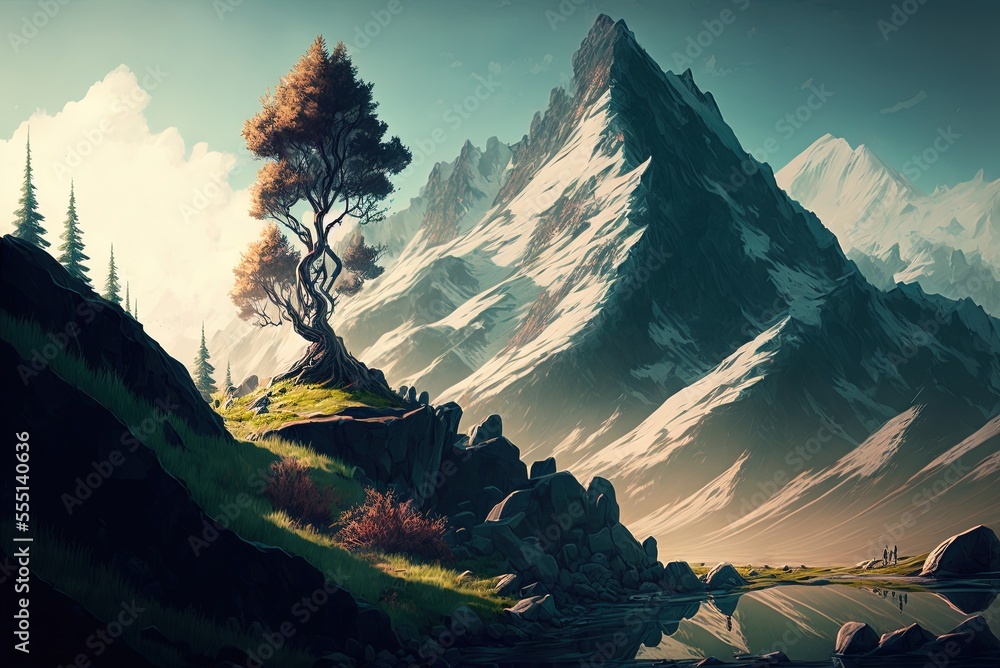 Poster Scene from the mountains, complete with trees and a lone cliff. Generative AI