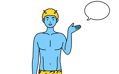 ふきだしつき、案内をするトラ柄パンツをはいた青鬼の男性、伝統行事、節分