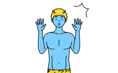 驚いて手を上げるトラ柄パンツをはいた青鬼の男性、伝統行事、節分