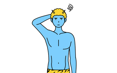 困って頭をかくトラ柄パンツをはいた青鬼の男性、伝統行事、節分