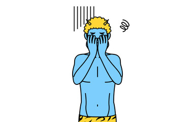 落ち込んで顔を覆うトラ柄パンツをはいた青鬼の男性、伝統行事、節分