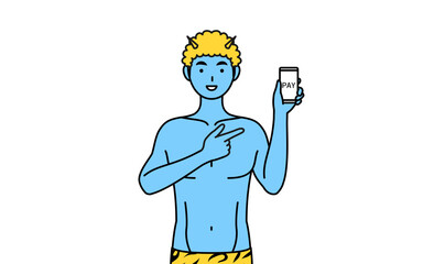 スマホのキャッシュレス・オンライン決済を勧めるトラ柄パンツをはいた青鬼の男性、伝統行事、節分